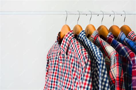 Premium Photo Long Sleeve Checkered Shirt On Wooden Hanger Hang On