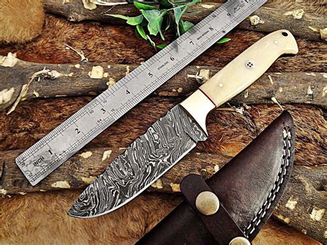 Damascus Steel 9 Inches Full Tang Blade Skinner Knife Camel Bone Brass