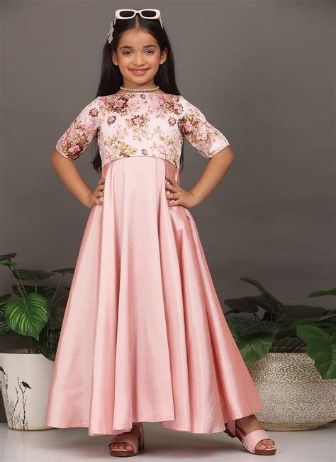 Shop Kids Girls Pink Digital Printed Cotton Silk Gown After Six Wear
