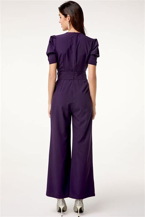 Puff Sleeve Belted Deep Purple Jumpsuit Womens Fashion Skirt Jumpsuit With Sleeves Fashion