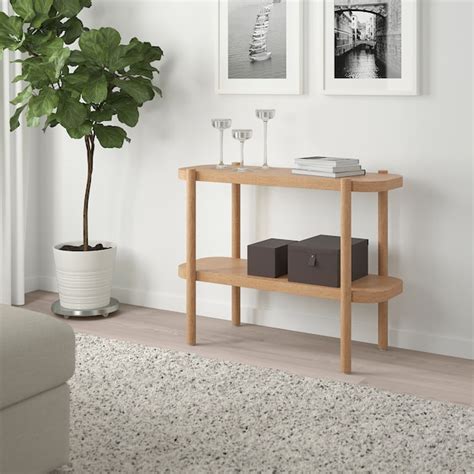 This console table features a spacious top surface that provides you with the perfect amount of space to highlight your important items, like home décor, a vase of flowers, framed photo, or even a perfect drop zone for your keys. LISTERBY Console table - white stained oak - IKEA