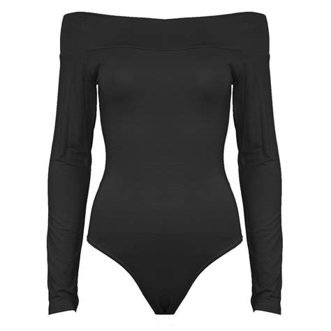 womens bodysuit ladies plain long sleeve scoop neck jersey stretchy leotard top ebay