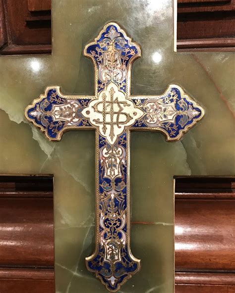 19th Century French Brass And Cloisonné Cross With Holy Water Font On