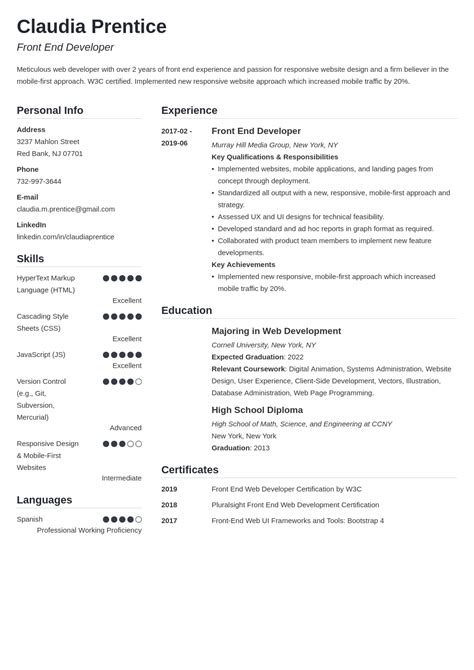 Seasoned and independent front end developer with 5 years of experience in blending the art of design with skill of programming to deliver an immersive and engaging user experience through efficient website. front end developer resume example template simple in 2020 | Resume examples, Job resume ...
