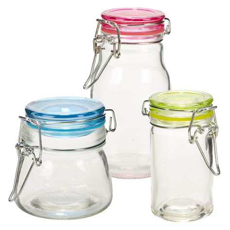 Set Of 3 Small Glass Storage Jar Metal Clamp Lid Air Tight Seal