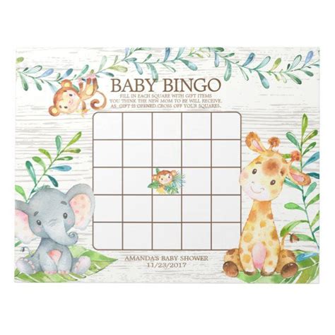 Safari Jungle Baby Shower Bingo Game Notepad Animal Baby