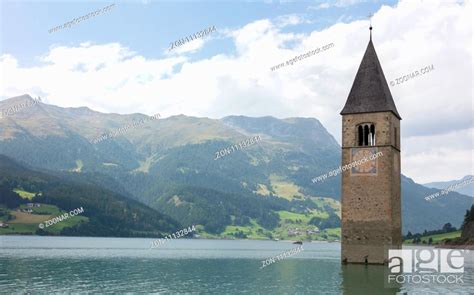 Submerged Tower Of Reschensee Church Deep In Resias Lake In Trentino