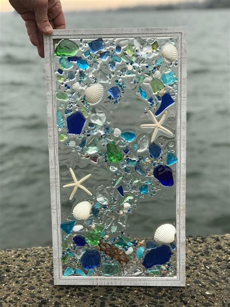 Mosaic Coastal Window 21x 11 Mixed Media Sea Etsy Sea Glass Mosaic