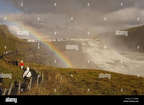 A Rainbow Across Gullfoss Waterfall In Iceland Stock Photo Alamy