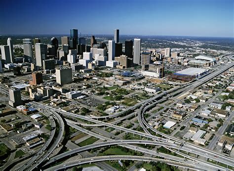 Aerial View Of Downtown Houston And Its Surrounding Freeways And
