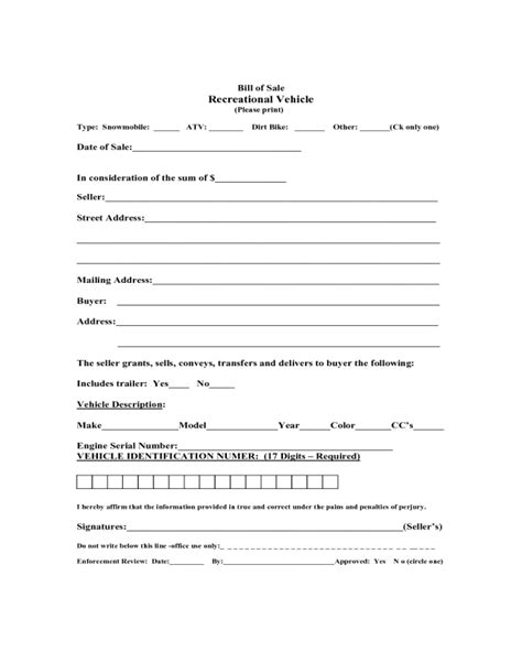 2022 Recreational Vehicle Bill Of Sale Form Fillable Printable Pdf