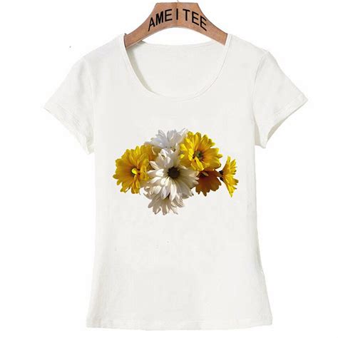 New Fashion Women T Shirt Beautiful White And Yellow Daisies Print T Shirt Cute Flowers Lovers