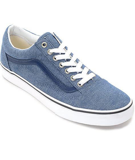 Supple canvas uppers featuring suede overlays with leather branded logo detailing at the womens trainers | womens gym & black trainers. Vans Old Skool Blue Chambray Skate Shoes | Zumiez.ca