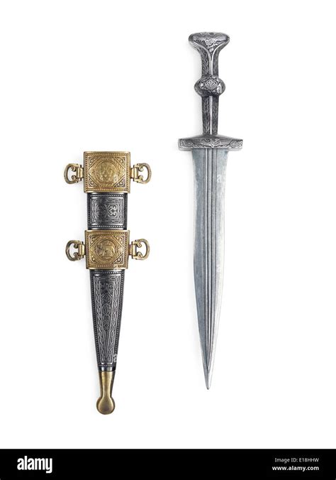 Antique Roman Dagger Short Sword And Scabbard Isolated On White