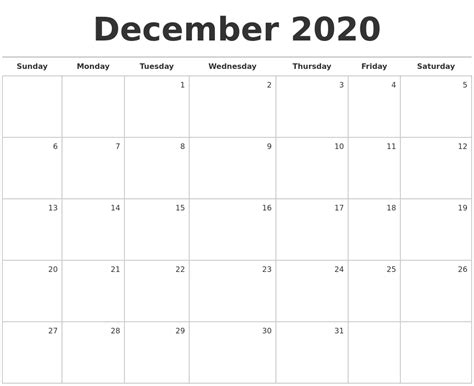 December 2020 Blank Monthly Calendar