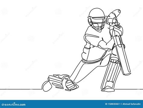 Cricket Sport Player One Line Drawing Continuous Single Line Art Vector