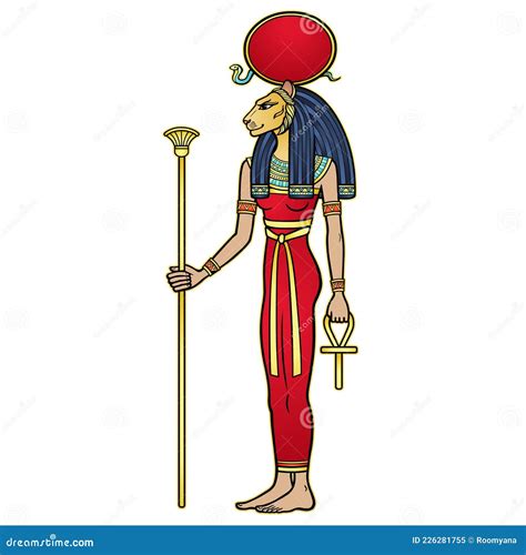 Animation Portrait Ancient Egyptian Goddess Sehmet Tefnut Holds Symbols Of Power Staff And