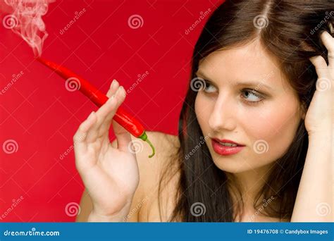 Chili Pepper Portrait Young Woman Smoke Red Hot Stock Photo Image Of