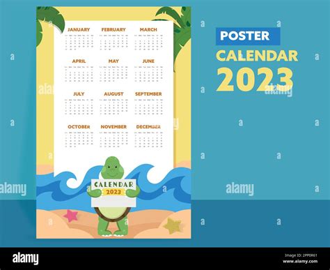 2023 Yearly Calendar Template Or Poster Design With Cartoon Turtle