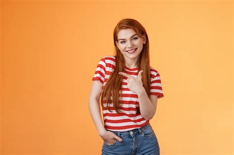 Premium Photo Tender Cute Feminine Redhead Lovely Girl Tilt Head Cheerfully Smiling Pointing