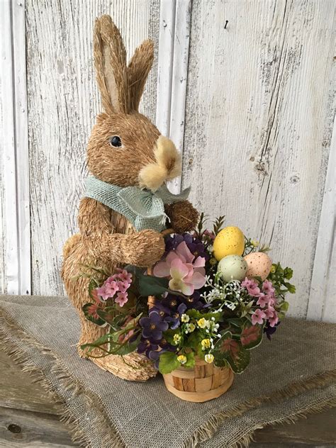 Easter Bunny Arrangement With Spring Floral Basket And Eggs Etsy