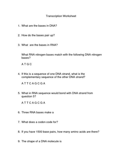 U a c c c t a c t g t c a t g a transcription c u c u a. 16 Best Images of 13 1 RNA Worksheet Answer Key - Chapter ...