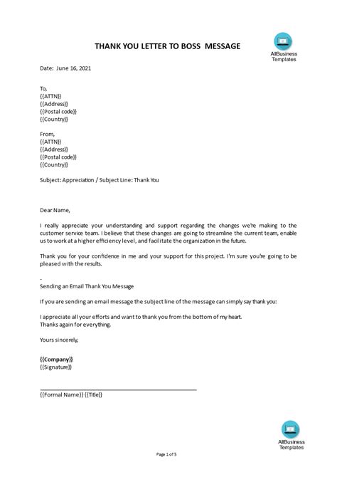 Professional Thank You Letter To Boss For Appreciation Templates At