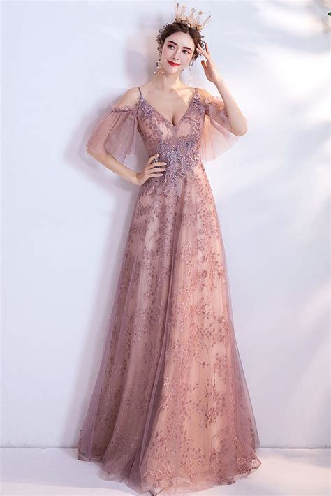 V Neck Appliques Cold Sleeves Dusty Rose Prom Dress