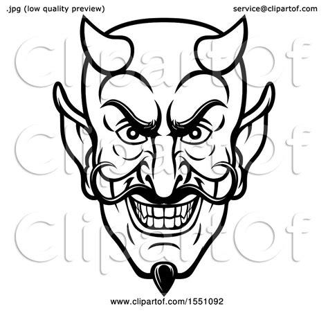 Clipart Of A Black And White Grinning Evil Devil Face Royalty Free