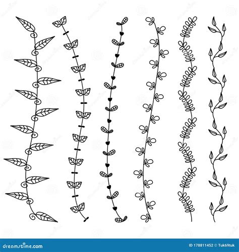 Flower Vine Leaves Hand Drawn Doodle Vector Line Border Set And Design