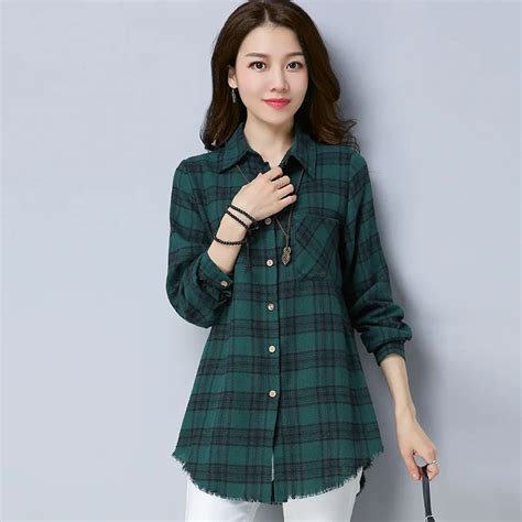 Chic Womens Long Sleeve Plaids Cotton Linen Casual Shirts Turn Down