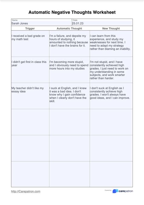 Automatic Negative Thoughts Worksheet And Example Free Pdf Download