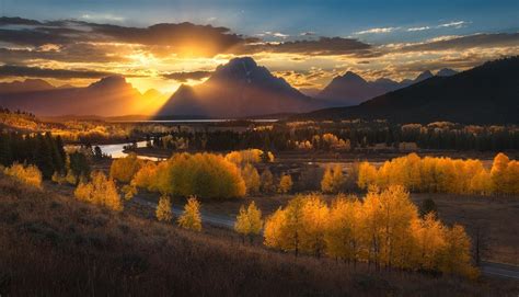 Nature Photography Landscape Sunset Mountains Sun Rays Forest River Fall Road Dry Grass Trees