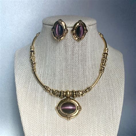 Vintage Avon Jewelry Set Gold Tone Purple Lucite Textured Etsy