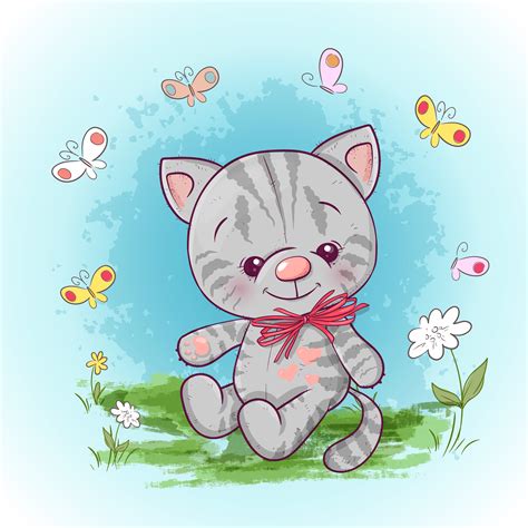 Illustration Of A Cute Little Cat With Flowers And Butterflies Print