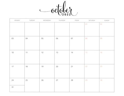 2022 Calendar Free Printable Monday Start | October calendar printable