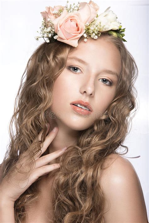 Beautiful Girl With Flowers In Her Hair And Pink Makeup Spring Image