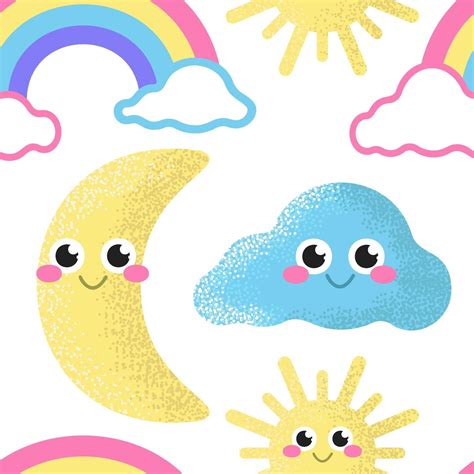 Rainbow Sun Moon And Cloud On A White Background Vector Seamless