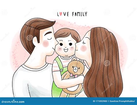 Caricatura Lindo Padre Y Madre Besan Y Abrazan A Nuestro Bebé Y Muñeca