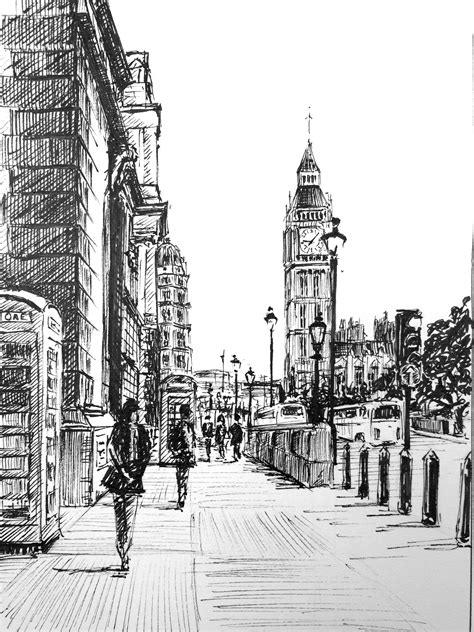 Original Ink Drawing Architecture Street Sketch Wall Decor Black And
