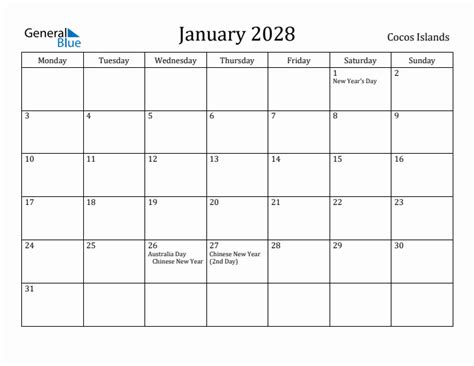 January 2028 Cocos Islands Monthly Calendar With Holidays