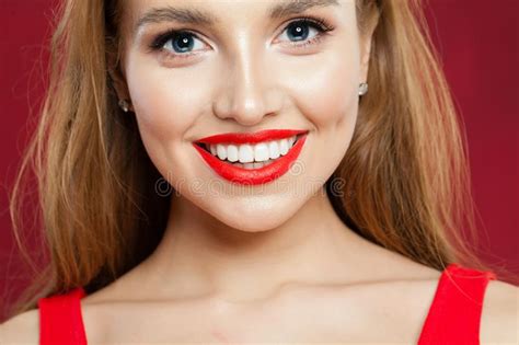 Young Beautiful Girl With Cute Smile Closeup Smiling Woman With Red