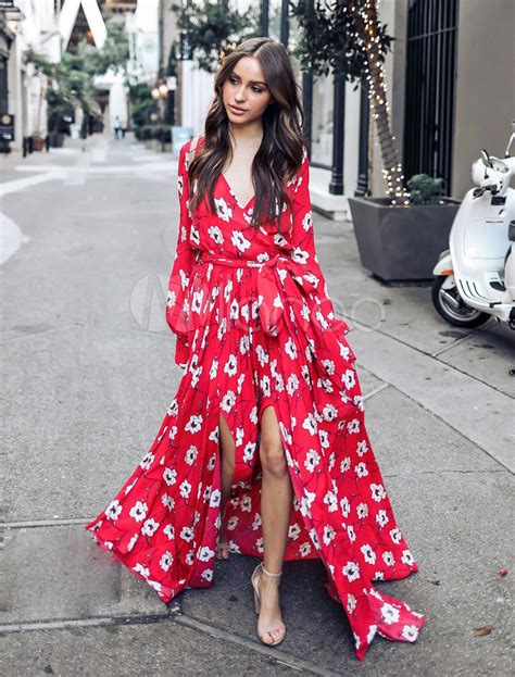 Red Maxi Dress Women Floral V Neck Long Sleeve Chiffon Split Summer