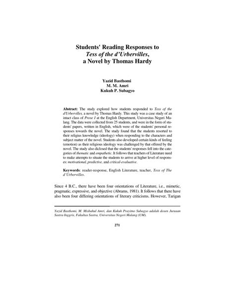 Tess Of The D Urbervilles Summary - (PDF) Students' Reading Responses to Tess of the d'Urbervilles, a Novel