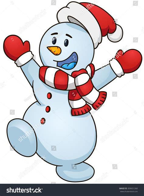 A Cartoon Snowman Wearing A Santa Hat And Mittens With His Arms In The Air