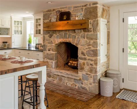 Delightful Restoration Of A Brick And Fieldstone Farmhouse In Pennsylvania Kitchen Fireplace