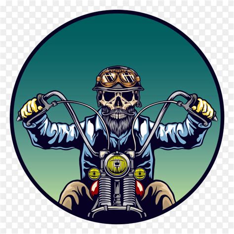 Skull With Classic Helmet Beard Riding Motorcycle On Transparent