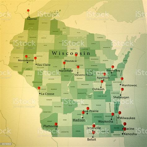 Wisconsin Map Square Cities Straight Pin Vintage Stock Photo Download