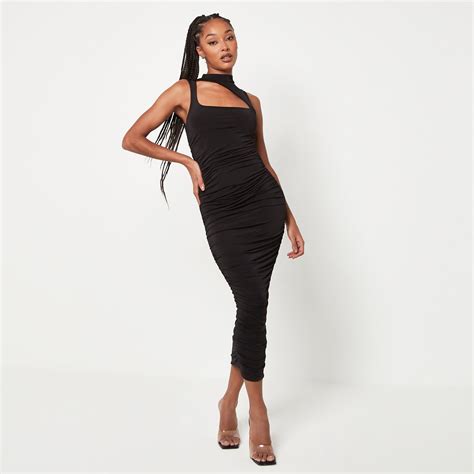 Missguided High Neck Ruched Slinky Midaxi Dress Black Missguided