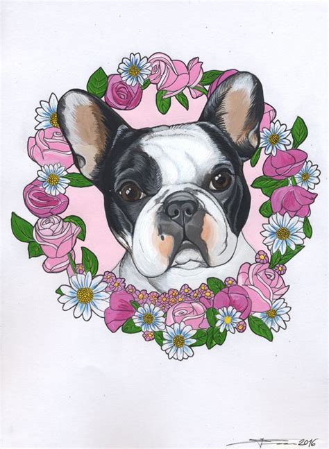 Frenchie French Bulldog Roses Flowers Sketch Cute Cutie